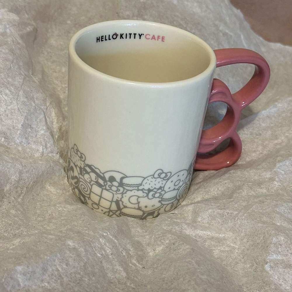 New official Hello Kitty Cafe Mug with Pink Handle and Gray Design - Picture 1 of 16